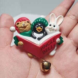 Hallmark PIN‎ Christmas Vintage CAROLER Penguin Bear Rabbit JINGLE Brooch